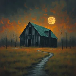 turner, j. m. w and zdzisław beksinski grunge gothic oil landscape painting of a haunted barn, dark art