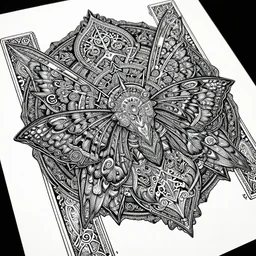 a dark ancient complex arabic ornaments with mandala and moth wings texture, full of details and delicate, high - quality fabric texture white paper + tarot card realistic detailed sci - fi illustration designed by marc simonetti mike mignola alfons maria mucha, peter mohrbacher, 8 k resolution + white ink, psychedelic black light style + intricate white ink illustration + symmetry + ornate details + dios de la muerte + psychadelic symmetrical pattern