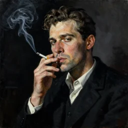 disco elysium, portrait of harry du bois, smoking a cigarette, noir painting, 1 9 6 0's