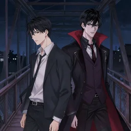 two young men, one man human, one man vampire, night, on a birdge, detailed, intricate, aesthetic, artistic, 8 k resolution in the style of holic