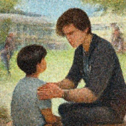 depiction of a residential counselor helping a kid , Juvenile residential campus background by frank miller, illustration by Ruan Jia and Mandy Jurgens and William-Adolphe Bouguereau, Artgerm, 4k, digital art, surreal, space dandy style, highly detailed, godsend, artstation, digital painting, concept art, smooth, sharp focus, illustration by Ruan Jia and Mandy Jurgens and William-Adolphe Bouguereau,