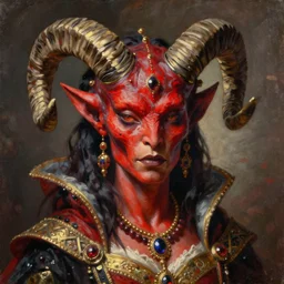 painted close - up portrait of a very attractive red - skinned intimidating demon alien - xenomorph queen with ram horns! oil painting, wearing a noblewoman's outfit, fantasy art by john singer sargent and gaston bussiere and james jean and greg rutkowski, demon noble character design, hd