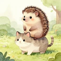 a drawing of a cute little hedgehog sitting on top of a cat, a storybook illustration by suzy rice, trending on deviantart, furry art, storybook illustration, watercolor, official art