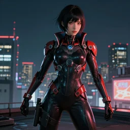 A comic book style portrait painting of a warrior girl wearing black & reddish color cyber suit, no helmet fighting on rooftop Tokyo cyberpunk feel night, rpg portrait,  dramatic light, rim light, unreal engine render, octane render, hyperrealistic