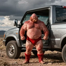 big redneck hairy strongman waiting for you to enter his truck, photography