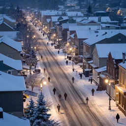 overhead view of people walking on a street in a small town during a snowy evening, lit lamp posts, light snowy weather, dim lighting, high definition