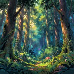 the aesthetic view of the beautiful, grand, wistful, dreamy hidden forest at dusk, hyperrealistic anime illustration by iralki nadar, colorful, extremely detailed, intricate linework, super sharp focus, bright colors, octopath traveler, studio ghibli, unreal engine 5 highly rendered, global illumination, radiant light, detailed and intricate environment