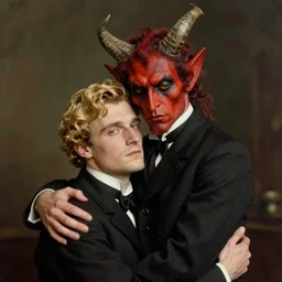 colorful portrait of the horned devil hugging a blonde man, 1 8 0 0 s victorian photo, hand coloured photo, cinematic lighting, atmospheric, realistic, octane render, dramatic lighting, highly detailed, cinematic, by joel peter witkin and hieronymus bosch
