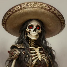painted portrait of cartoony beautiful and cute smiling rugged undead skeleton girl with red eyes wearing wide mexican sombrero, fantasy, intricate, elegant, extremely detailed digital painting trending artstation concept art heroic portrait sharp focus, illustration, art by artgerm, greg rutkowski magali villeneuve gaston bussiere