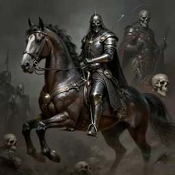 a portrait of the horseman of the apocalypse, conquest, famine, death, war, grim - lighting, high - contrast, intricate, elegant, highly detailed, digital painting, artstation, concept art, smooth, sharp focus, illustration