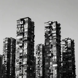 high towers made up of makeshift squatter shacks, mamiya, uniform plain sky, fine details, minimalist, photographed by hiroshi sugimoto