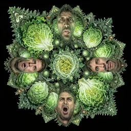 an intricate assymetric mandelbrot fractal of john oliver faces and cabbages