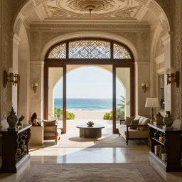 a beautiful interior design of a house leading to a view of the beach, architecture, interior design, intricate details