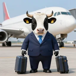 portrait of intelligent dairy humanoid cows wearing suit boarding an airliner at airport