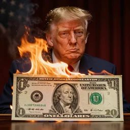a beautiful photo of donald trump burning his own money, intricate details, photography, volumetric light, 8 k