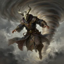 character concept art of wizard wearing horned mask flying inside a tornado, detailed arms and hands, full body shot, fantasy painterly style, intricate details, artwork by ross tran, artgerm, eimbrodered clothing