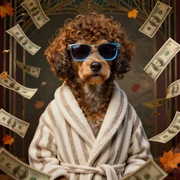 portrait, anthropomorphic dog, striped bathrobe, curly hair, electric sunglasses, surrounded by floating autumn dollar bills, fantasy, detailed, intricate, luminescent, elegant, coherent, by mandy jurgens, hannah yata and kay sage, donato giancola, detailed, artstation, cinematic lighting, artdeco, art deco outrun aesthetic
