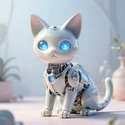 a modern cybernetic cat, made from porcelain and steel, insane reflexions, glowing blue lights, pastel colored, daylight, peaceful, 8 k, ambient occlusion, octane render