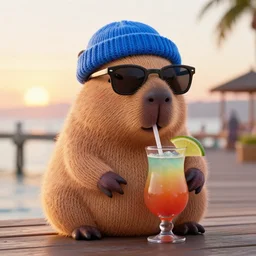 a photorealistic photograph of a knitted cute Capybara wearing sunglasses and dressed a blue beanie cap. The subject is sipping a refreshing Mai Tai drink cocktail at the pier during sunset. This 4K HD image is Trending on Artstation, featured on Behance, well-rendered, extra crisp, features intricate detail and the style of Unreal Engine.