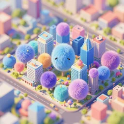 fluffy balls city, isometric view, vibrant colours, tilt shift effect