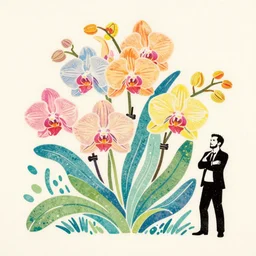 colorful print of paphiopedilum ground orchids bunched botanical artwork, multicolor lino block print with vignettes, created by mike mignola, greg hildebrandt, banksy in the style of painting toon shades, colorful ink, vibrant, pastel, color vector, smooth curves, graphical, detailed, trending in art station
