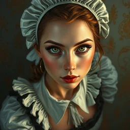 highly detailed oil painting, masterpiece portrait cute woman maid, fantasy character portrait, dynamic pose, above view, top lighting, realistic shaded, perfect face, 8 k realistic, hyper detailed, digital painting, artstation, concept art, hyper detailed eyes, cinematic lighting, dynamic pose, above view, perfect eyes