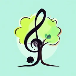 abstract single line drawing of an acorn growing into a tree in shape of treble clef, splash of color, vector art