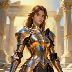 portrait light brown hair knights of zodiac girl, metalic orange and dark blue reflected armor, in ruined agora of athens, ssci - fi, fantasy, intricate, very very beautiful, elegant, golden light, highly detailed, digital painting, artstation, concept art, smooth, sharp focus, illustration, art by serafleur and tian zi and wlop and alphonse mucha