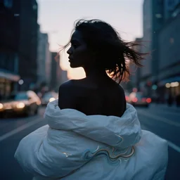 beautiful female body silhouette, beautiful portrait, photography by amy leibowitz and filip fedorov, white blanket in wind, urban city photography, close up portrait, cinematic still, film still, magic hour, dark mood, magic hour, cold colors, sony, kodak, long exposure, art noveau painting, liquid marble fluid painting, neon glow, god rays