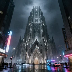 photorealistic streetscape, a towering cathedral of brutalist architecture, steel, concrete, mist, night, dramatic lighting, rain, wet streets, white neon lights, colorful neon signs, futuristic vehicles, pedestrians, syd mead, ralph mcquarrie, doug chiang, concept art, matte painting, meticulously detailed, minimal artifacts, rule of thirds, dynamic lighting, cinematic, denoised, centered, artstation