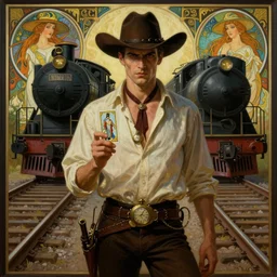 a dramatic ethereal epic symmetrical painting of a handsome villainous cowboy standing in front of railroad tracks with a train locomotive | his shirt is unbuttoned and he has a pocketwatch | tarot card, art deco, art nouveau, ( steampunk ), homoerotic, realistic | by mark maggiori and ( ( ( ( alphonse mucha ) ) ) and gary bussiere | trending on artstation