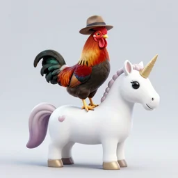 a photo of a rooster wearing a fedora standing on a unicorn at the beach, detailed, vibrant, magical, realism, rainbow, sunset, clear, 8k, hd, award winning image