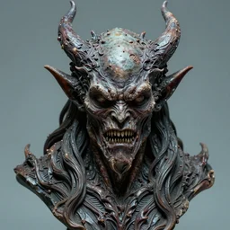 photo taken of an epic intricate, ultra detailed, super realistic gritty, terrifying, lifelike bust sculpture of a demon hellspawn creature design created by weta workshop, zoomed in shots, photorealistic, sharp focus, cold colour temperature, f 0. 4, face centred
