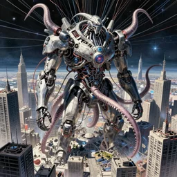 cyborg monsters with tentacles and wires in detailed huge cybernetic mega city with wires in space, by nihei tsutomu
