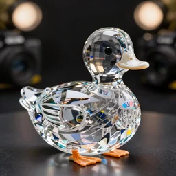 high quality presentation photo of a Crystal glass duck, photography 4k f1.8 anamorphic bokeh 4k Canon Nikon