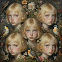 breathtaking detailed concept art painting pattern of blonde short hair faces weird girls with anxious piercing eyes and blend of flowers and birds, by hsiao - ron cheng and john james audubon, bizarre compositions, exquisite detail, extremely moody lighting, 8 k