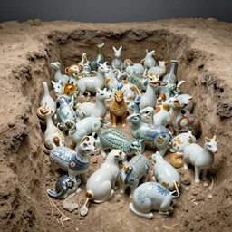 a pile of porcelain animals, in a ditch, wide shot, 8 k hd, very detailed, establishing shot, studio lightning, high quality