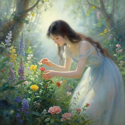 fantasy garden, beautiful woman caring for the flowers, fantasy world, ethereal back light, mist, coherent composition, detailed fantasy painting, noriyoshi ohrai, yuumei, mark brooks