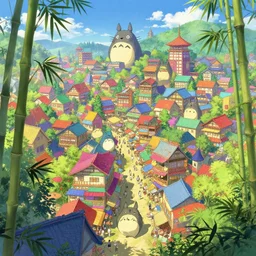 colorful marketplace in a great colorful kitsune city, bamboo, anime, a fantasy digital painting by Greg Rutkowski, by James Gurney,trending on artstation,highly detailed