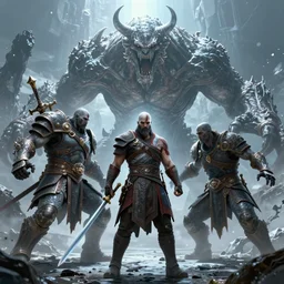 a epic and fantasy concept art of a epic hero battling a monster, by tsuyoshi nagano, god of wars, aion, hyperdetailed, 8 k realistic, symmetrical, wallpaper, long shot, frostbite 3 engine, cryengine, dof, trending on artstation, digital art,