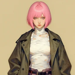portrait of pink short haired samurai girl with a coat and bandages on chest, by wlop and ross tran alphonse mucha