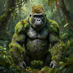 a statue of a gorilla covered by the dense jungle, digital painting, concept art, artstation