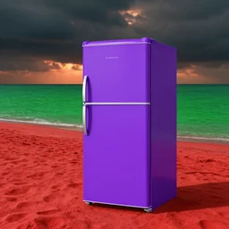 purple refrigerator on red sand with green ocean and black sunset