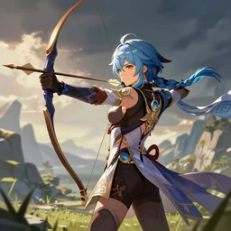 Ganyu from Genshin nocking an arrow on her bow, pixiv art
