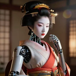 japanese geisha robot android portrait in the style of ash thorp, beautiful, diffuse, cinematic lighting, anamorphic lens, anamorphic lens flare, hyper real, intricate detail, octane renderer, unreal engine 5