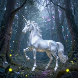 there is a silver unicorn in the forest, fireflies flying in the forest, dreamy crystal atmosphere ， super wide angle ， matte painting ， rtx on ， trending on cgsociety and artstation, volumetric light ， surreal