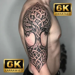 photograph of a sleeve tattoo, black ink, intricate celtic pattern with tree of life, highly-detailed, beautiful, award winning, 8k