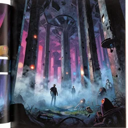 a concrete forest, brutalist, inside page of comic book, psychedelic lights and fog, in the style of zdzislaw beksinski, ayami kojima, takato yamamoto, barclay shaw, karol bak, glowing light and shadow, hyperrealist