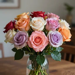 highly detailed realistic photo of multi colored roses in glass vase, very sharp focus, blurry background, award winning masterpiece photography, hyper realistic, concept art, 8 k detail post - processing