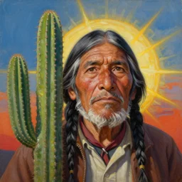 a beautiful painting of the san pedro cactus with the face of an old indigenous man in the sky representing its spirit, fantast art, matte painting